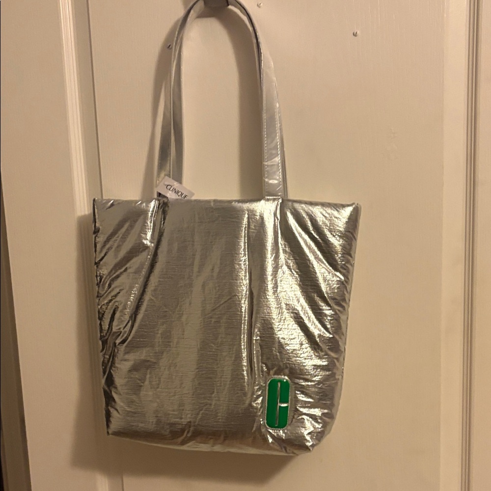 NWT Clinique limited edition Metallic Silver Tote with Green Detail